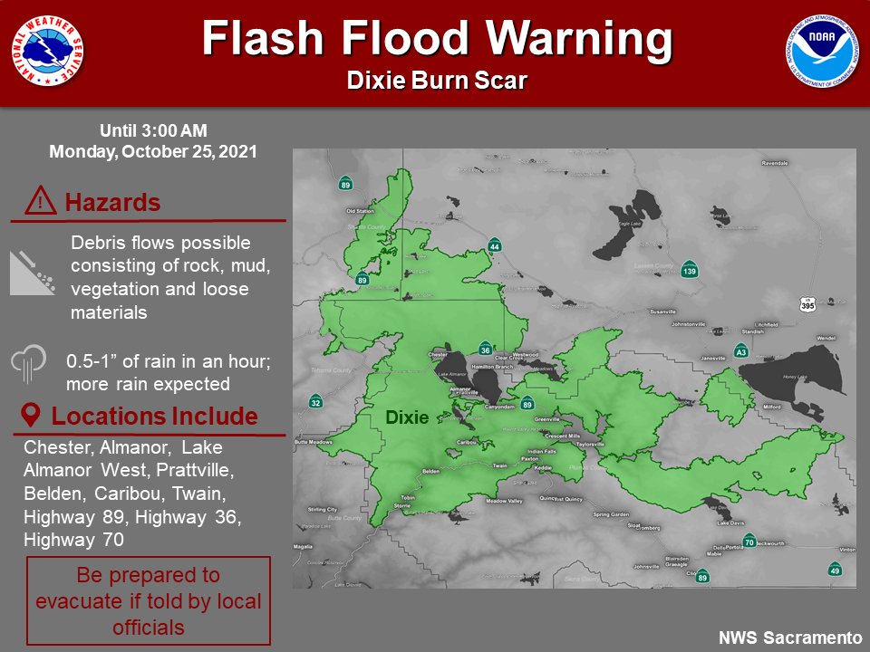 A Flash Flood/Debris Flow Warning has been issued for the Dixie Fire. Heavy rain is starting to move in and this will cause debris flows within the Dixie Fire. #DixieFire #CAwx