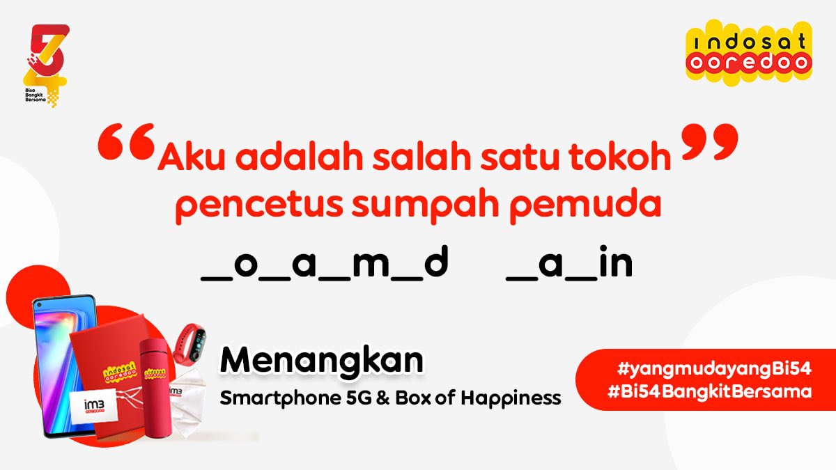 indosat's tweet photo. Jawab soalnya &amp; menangkan satu Smartphone 5G spesial dari Indosat Ooredoo!

Caranya gampang banget:
Follow Twitter Indosat Ooredoo
RT, LOVE, &amp; REPLY jawabannya dan sertakan #yangmudayangBi54 #Bi54BangkitBersama

REPLY dan ajak kawan kamu sebanyak-banyaknya sampai 2 November 2021! https://t.co/X7sB0nUhNu