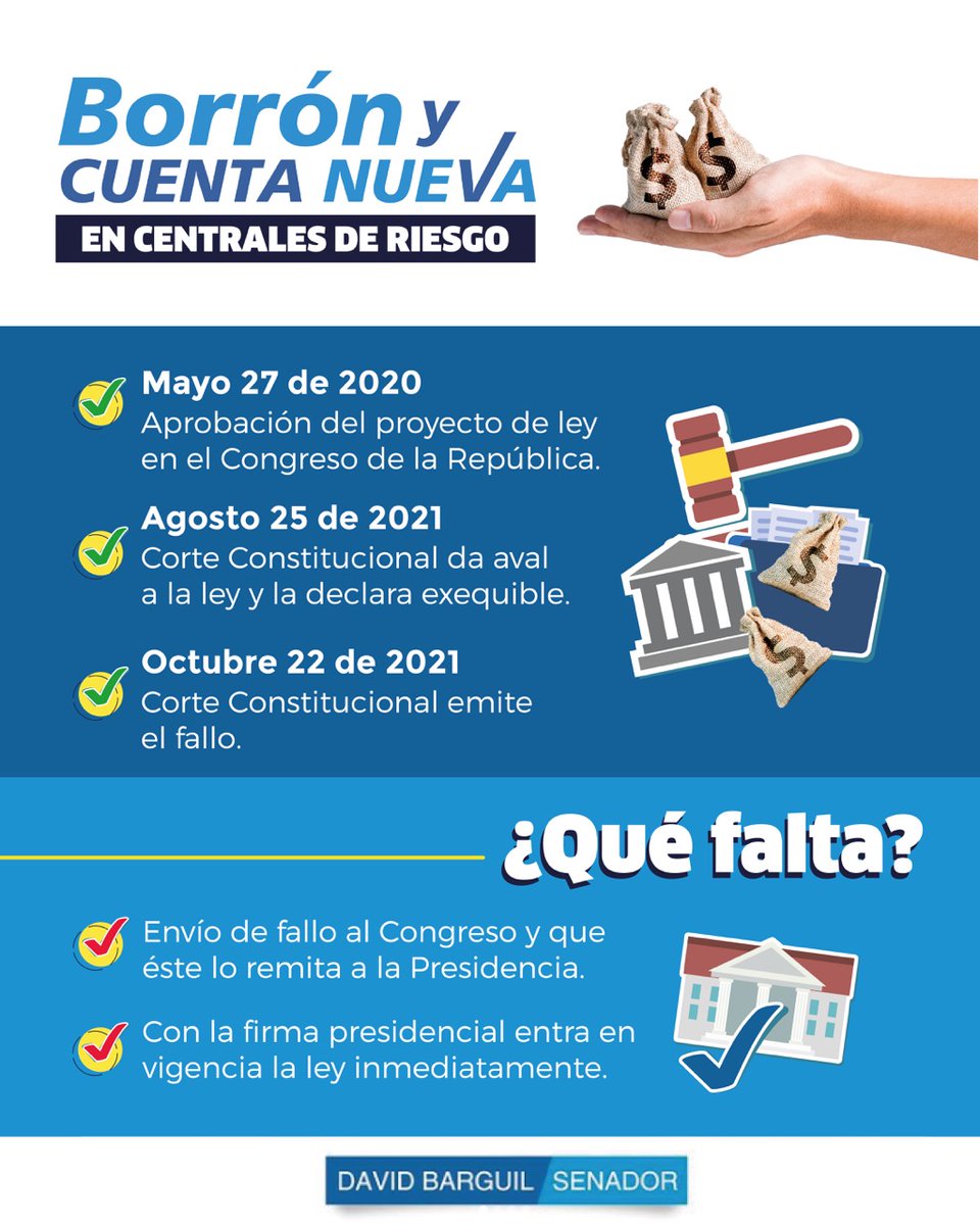 davidbarguil's tweet photo. Cada vez estamos más cerca de que entre en vigencia nuestra ley de #BorrónYcuentaNueva que beneficia a diez millones de colombianos. Les contamos qué falta 👇 https://t.co/kiwAfewNx1