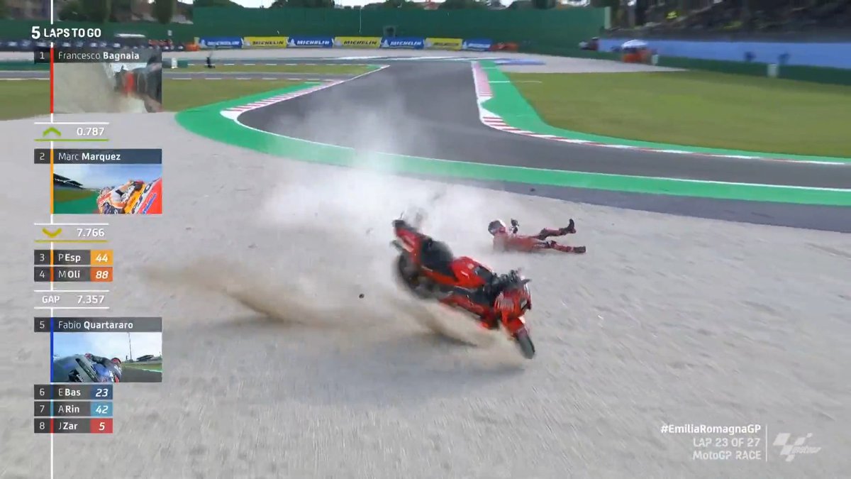 MotoGP's tweet photo. GAME OVER!!! ❌

@PeccoBagnaia CRASHES OUT OF THE LEAD! 😱

#MatchPoint | #EmiliaRomagnaGP 🏁 https://t.co/cJn2vVwkec