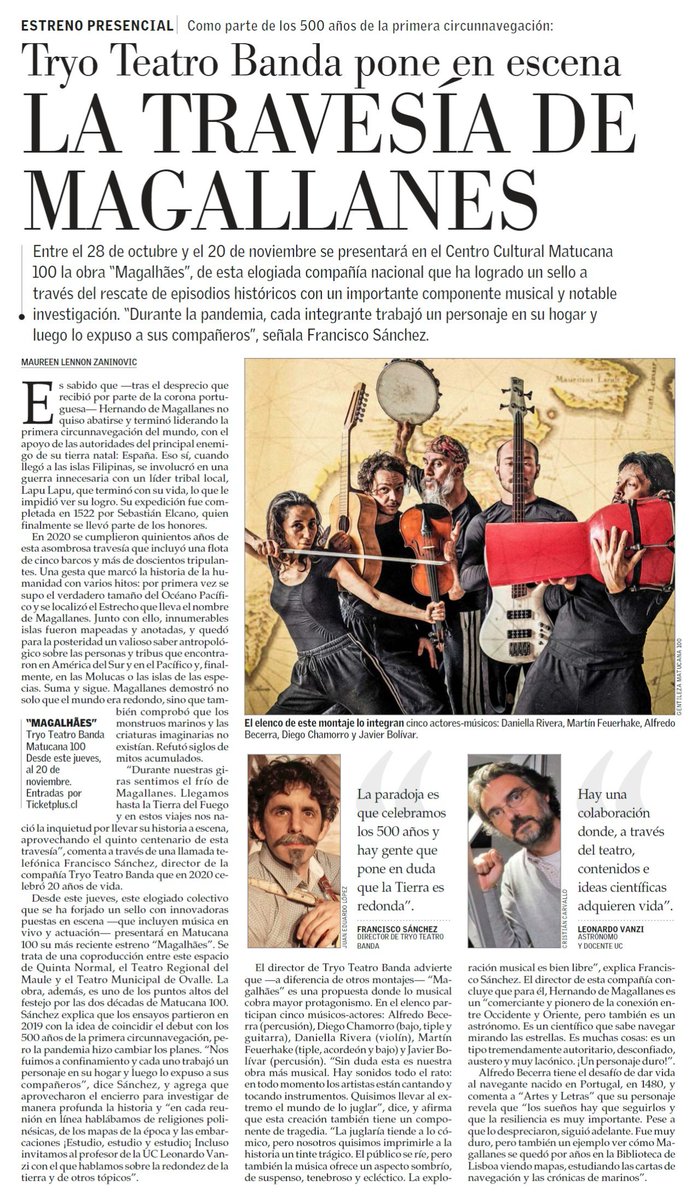 TryoTeatroBanda's tweet photo. Hoy en Artes y Letras, por @maureenlennon.
Estreno de "Magalhães" en @Matucana100 este jueves 28 hasta el 20 de noviembre.
Mas información y compra de entradas en https://t.co/a2Dpnfkh78 https://t.co/l3Wv4wCDkV