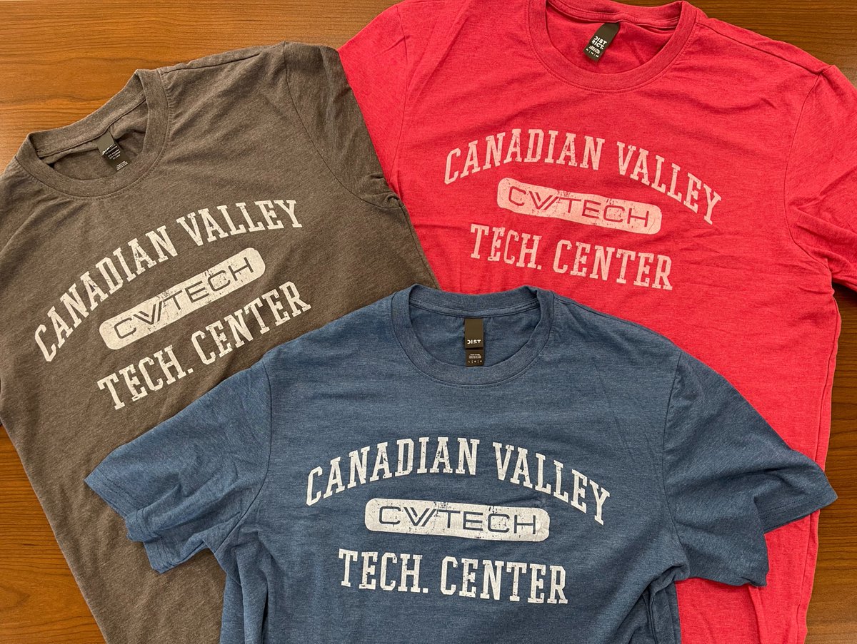 cv_tech's tweet photo. Our new shirts hit your campus bookstore this week! Same super-soft shirt, 2 new colors. Available in Red, Gray, Blue sizes S-4XL. Hurry, these won't last long. #morethanvotech #seeMEatCV https://t.co/hkYpXzXGVS