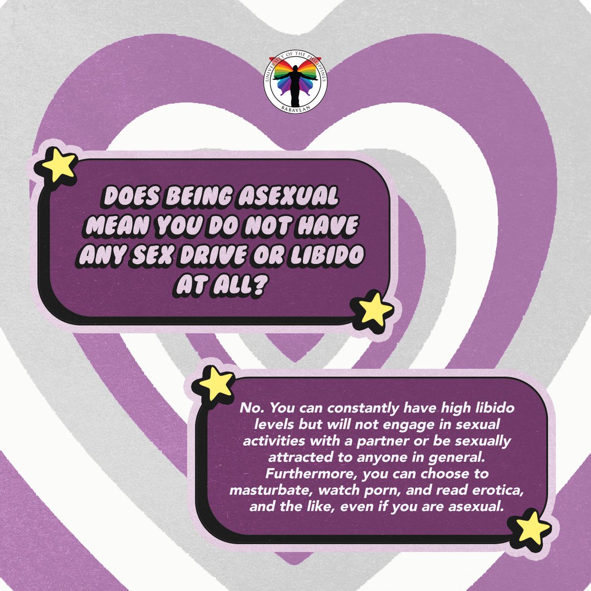 upbabaylan's tweet photo. This #AsexualAwarenessWeek, let us show our love and support to all our asexual siblings by debunking myths that surround asexuality! 💜🤍🖤

(1/3) https://t.co/NpqGeVL6rr