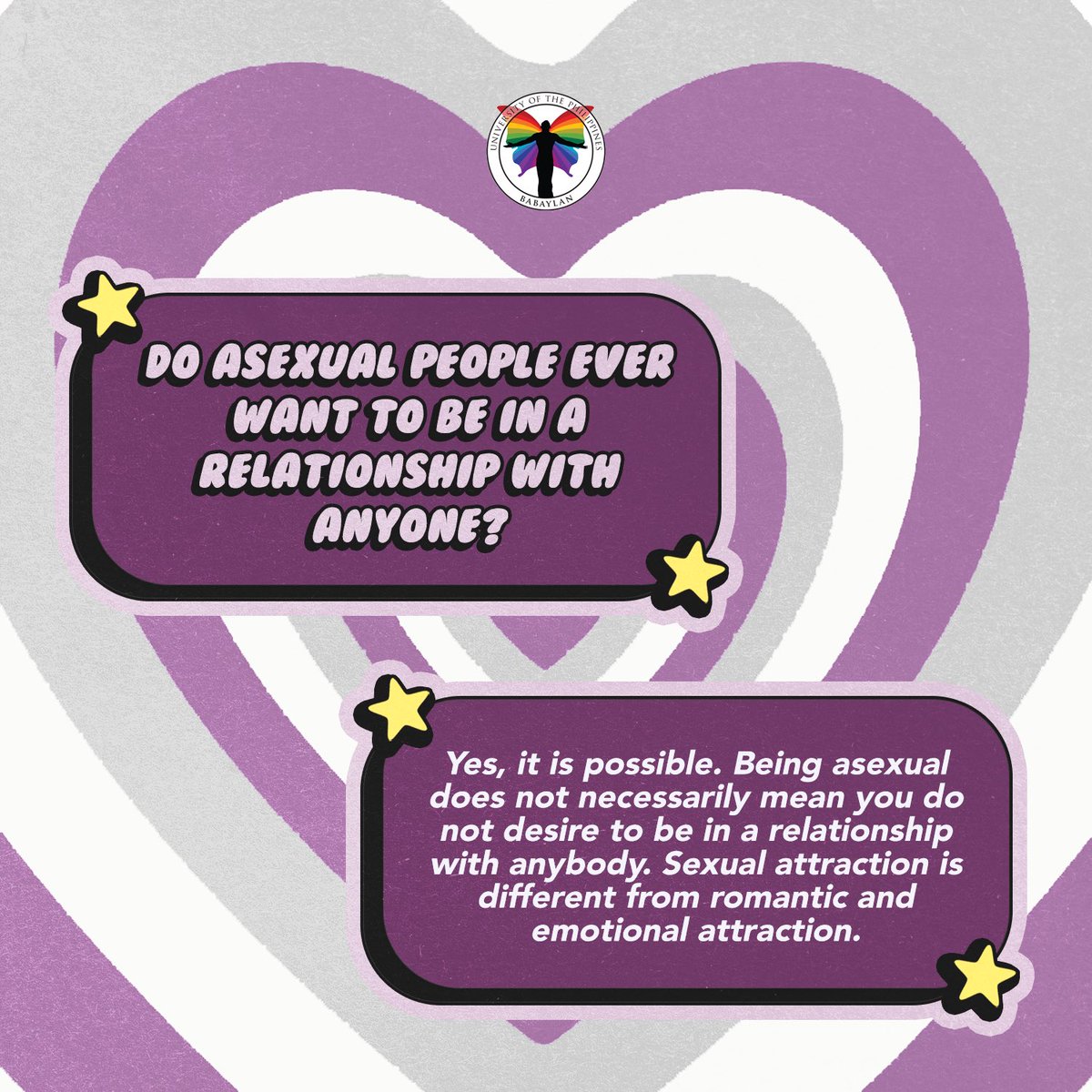 upbabaylan's tweet photo. This #AsexualAwarenessWeek, let us show our love and support to all our asexual siblings by debunking myths that surround asexuality! 💜🤍🖤

(1/3) https://t.co/NpqGeVL6rr