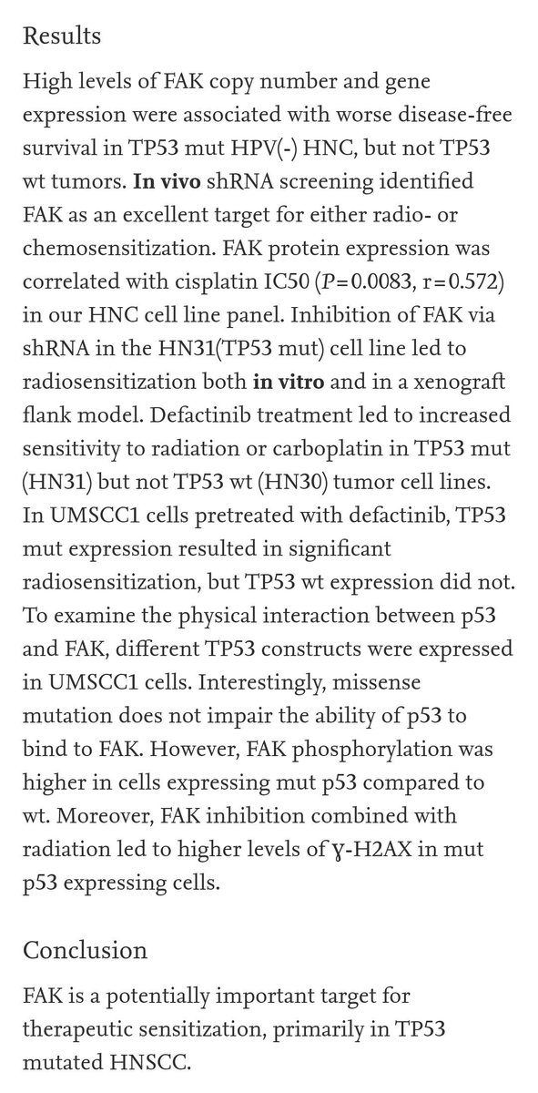 CrozrX's tweet photo. https://t.co/TpswuiysHx
Focal Adhesion Kinase #FAK Drives Resistance to Therapy in HPV-Negative Head and Neck Squamous Cell Carcinoma #HNSCC in a p53-Dependent Manner #TP53m #TP53Wt #FAKi #sensitizer #RT
Hope, @adapthyun @WashURadOnc can expand his clinical study to other cancers https://t.co/XRc2Qoo0Bl