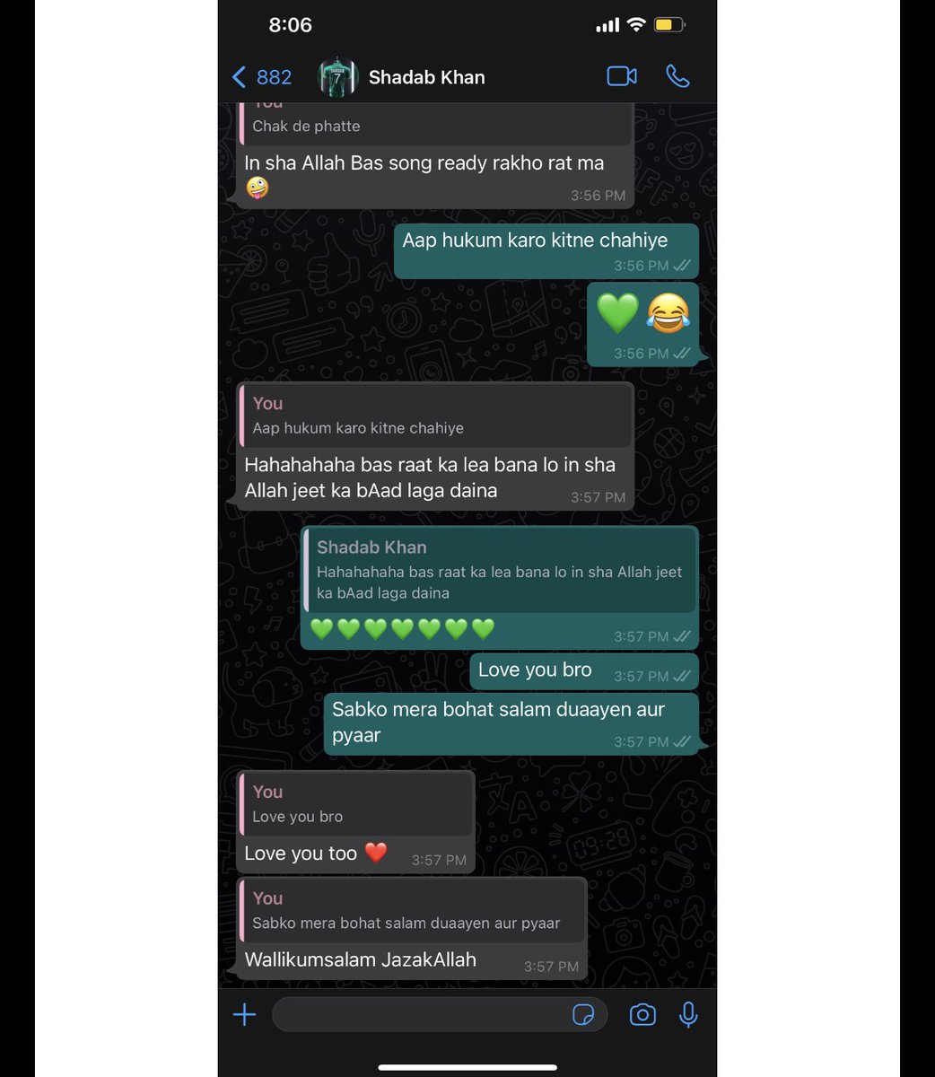 AsimAzharr's tweet photo. MY BRO @76Shadabkhan PROMISED ME BEFORE THE GAME AUR PURA KIYA 💚💚💚💚💚 YE GAANA SAB BOYS KE LIYE AUR PURE PAKISTAN KE LIYE!!!!!! JIYO 🇵🇰💚🇵🇰💚🇵🇰💚 #INDvPAK #T20WorldCup https://t.co/Al3mo3lcge
