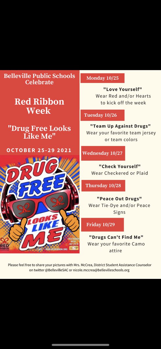 Nicole McCrea (@bellevillesac) on Twitter photo Red Ribbon Week begins tomorrow! Can’t wait to see the pictures of everyone celebrating! Please share ❤️ <a href="/belleville_ps/">BellevillePS</a> <a href="/BellevilleBucs/">Belleville Athletics</a> <a href="/BPS_Guidance/">Belleville High Schools Guidance Dept.</a> <a href="/bsd_i_ramirez/">Isabelle Ramirez</a> <a href="/MrRhodesBHS/">Caleb Rhodes</a> Red Ribbon Week begins tomorrow! Can’t wait to see the pictures of everyone celebrating! Please share ❤️ <a href="/belleville_ps/">BellevillePS</a> <a href="/BellevilleBucs/">Belleville Athletics</a> <a href="/BPS_Guidance/">Belleville High Schools Guidance Dept.</a> <a href="/bsd_i_ramirez/">Isabelle Ramirez</a> <a href="/MrRhodesBHS/">Caleb Rhodes</a>