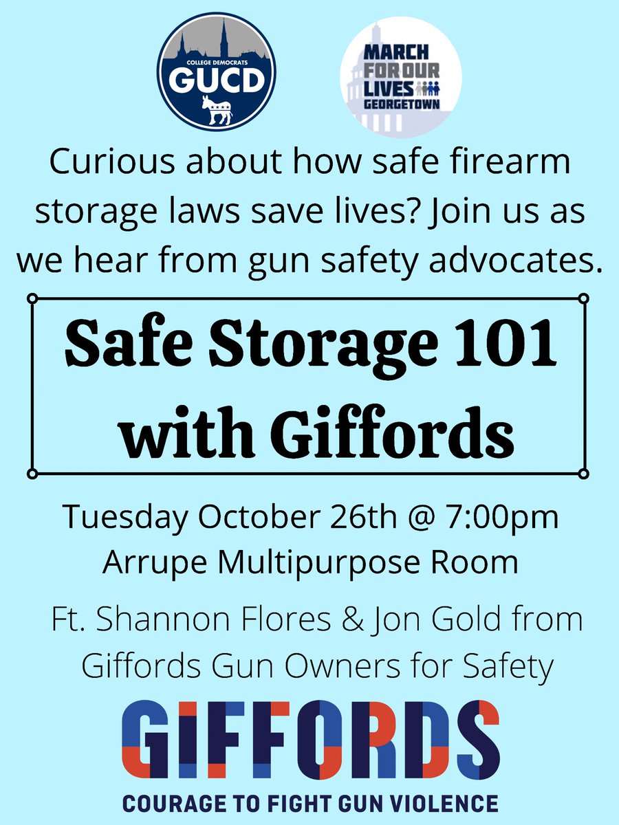 Curious about how safe storage of firearms laws save lives? JOIN US this TUESDAY Oct. 26 @ 7pm in the Arrupe Multipurpose Room or on Zoom to hear from Shannon Flores and Jon Gold from Giffords Gun Owners for Safety about an area of GVP policy that everyone can agree on!