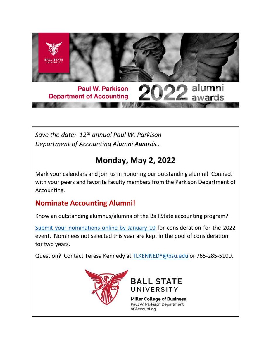 danroyer2's tweet photo. Know an outstanding alumnus/alumna of the Ball State accounting program? 
Click here to submit your nominations online by January 10 for consideration for the 2022 event. Nominees not selected this year are kept in the pool of consideration for two years. https://t.co/0odMnqT4oB