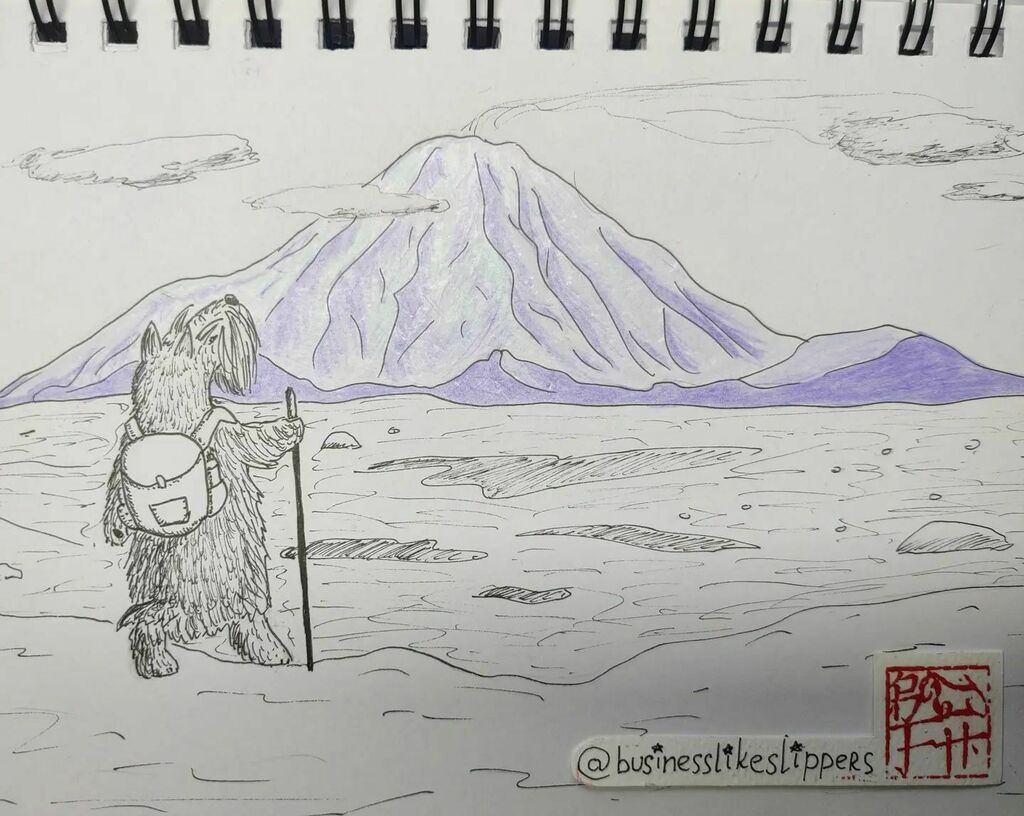 WakeUpTheOcean's tweet photo. Inktober day 24
"Extinct"
#inktober2021extinct
#inktober2021day24
#scottishterriersofinstagram
#sleepingvolcano
#hiking
#scottedog
#dogart
#illistration
#illustrator
#drawing https://t.co/VlgFvsdQHi https://t.co/zTYCgC48lv
