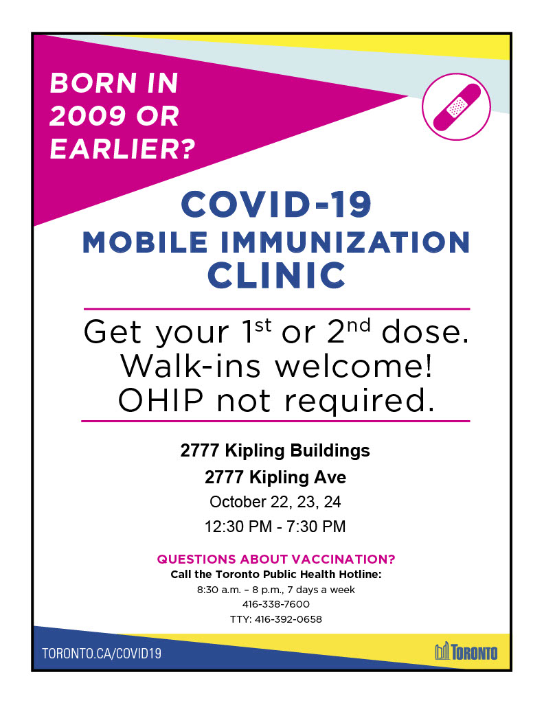 TOPublicHealth's tweet photo. 📣TODAY 
📍Come get your #COVID19 vaccine at 2777 Kipling Buildings, No Frills (245 Dixon Rd), &amp; Martin Grove Mall
✔️1st &amp; 2nd doses available
🚫No appointment needed! 🚶Walk-ins welcome!
👇See below for more details https://t.co/vn6hYJT4Cv