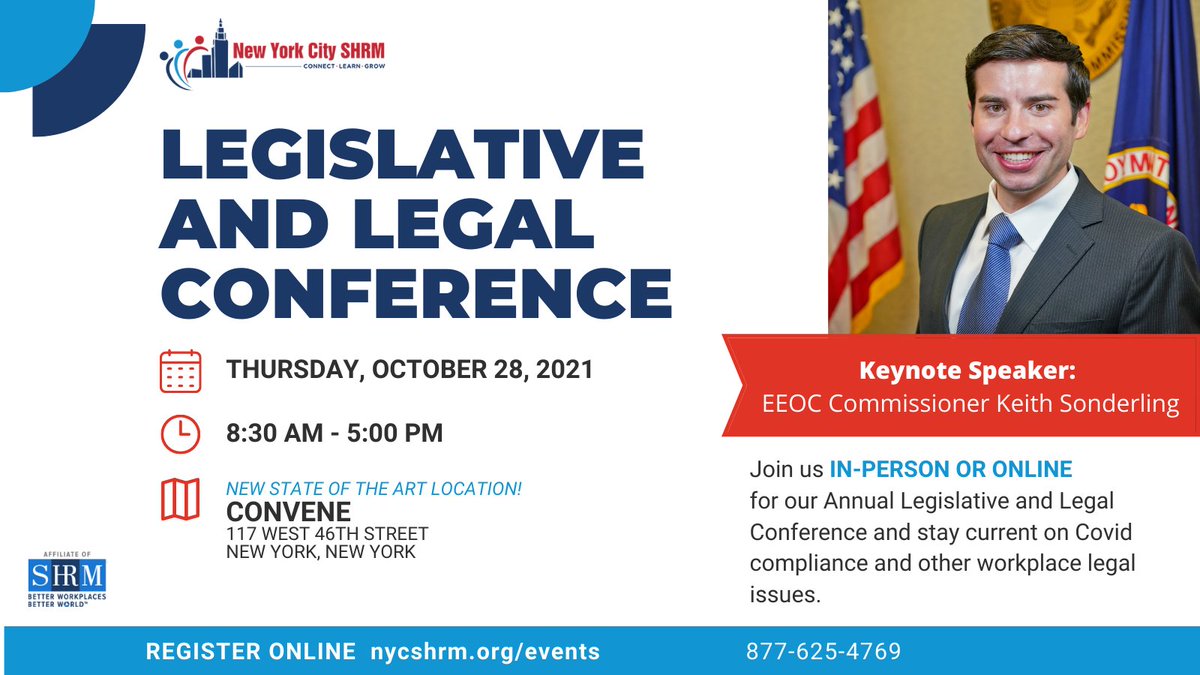 NYCSHRM's tweet photo. 10/28/21 EEOC Commissioner @KSonderlingEEOC is the keynote speaker at the annual NYC SHRM Legislative and Legal Conference! Attend in-person or online. Click for conference info: https://t.co/Z19CZQuC0Y   Click for venue's COVID safety protocols: https://t.co/MkEn0Bdedi via ^VH https://t.co/d4APece3hd