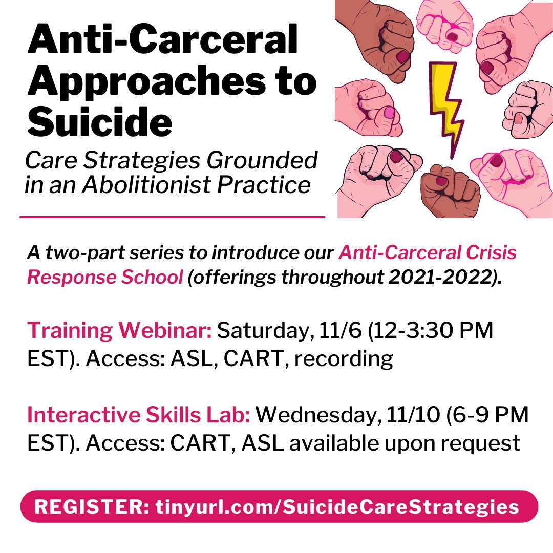 Join Project LETS facilitators on 11/6 &amp; 11/10 to discuss anti-carceral approaches to suicide: care strategies grounded in an abolitionist practice 🌱 

REGISTER: tinyurl.com/SuicideCareStr… 🤍