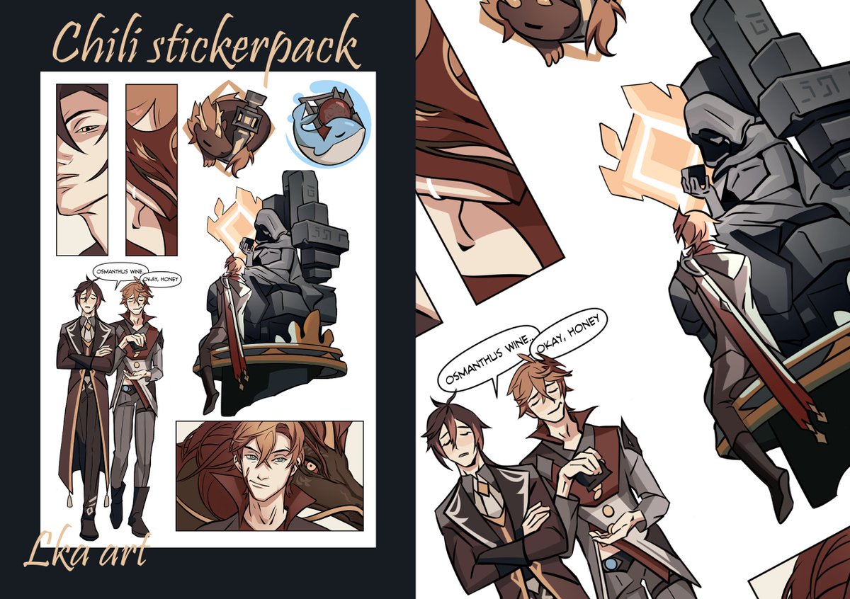 Lka_art's tweet photo. I think these guys thrill my soul in different directions, so the stickers turned out with different moods. Something between a trick and treat.
#Childe #Zhongli #Chili #Tartali https://t.co/fmuCrBDkvJ