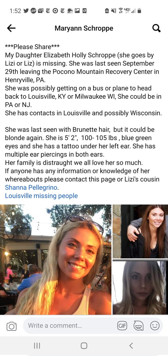 Jezebel4444's tweet photo. Have you seen my friend?? She has been missing since Sept 29th. NJ and PA friends please pay attention. Help us bring her home. Her name is Liz Schroppe https://t.co/K7wTzETi2c