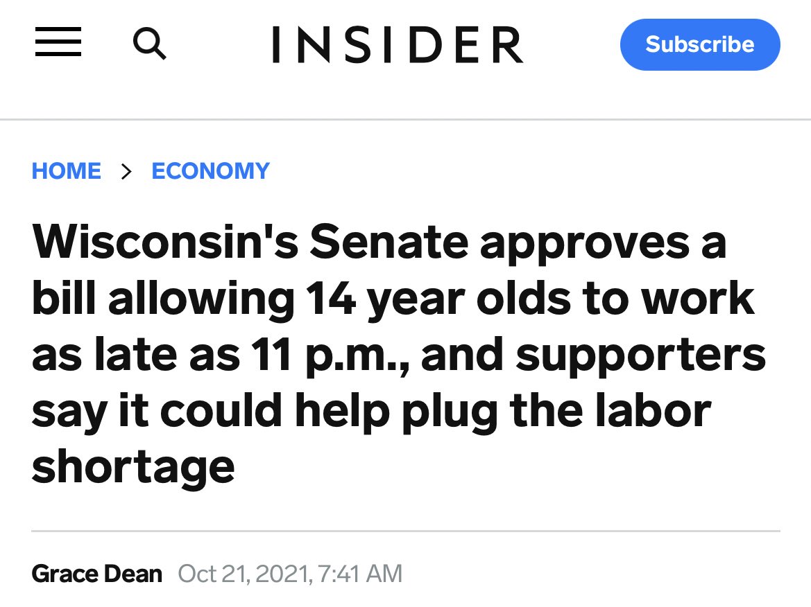 Math disagrees. Wisconsin has 110-120,000 job openings. Many are service related, but thousands fall into manufacturing, transportation, and other 18+ fields. There are about 150K 14-15 y/os in WI. How many can or want to work who aren’t already? They want to pay kids low wages.