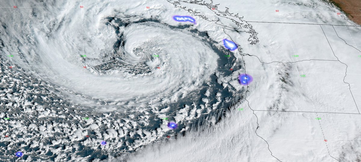 The big storm (far) offshore has reached maximum intensity and it's a beauty!  Anyone can find the center right?  Notice lightning in several spots including central Oregon coastline.  Poor radar coverage there so keep an eye to the sky this afternoon Pacific City to Florence