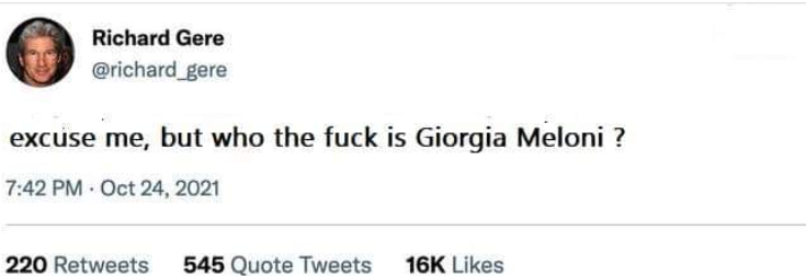 lvoir's tweet photo. Pare che @GiorgiaMeloni se la sia presa con Richard Gere, al che lui risponde....  🤓 https://t.co/Ld211Kbzjg