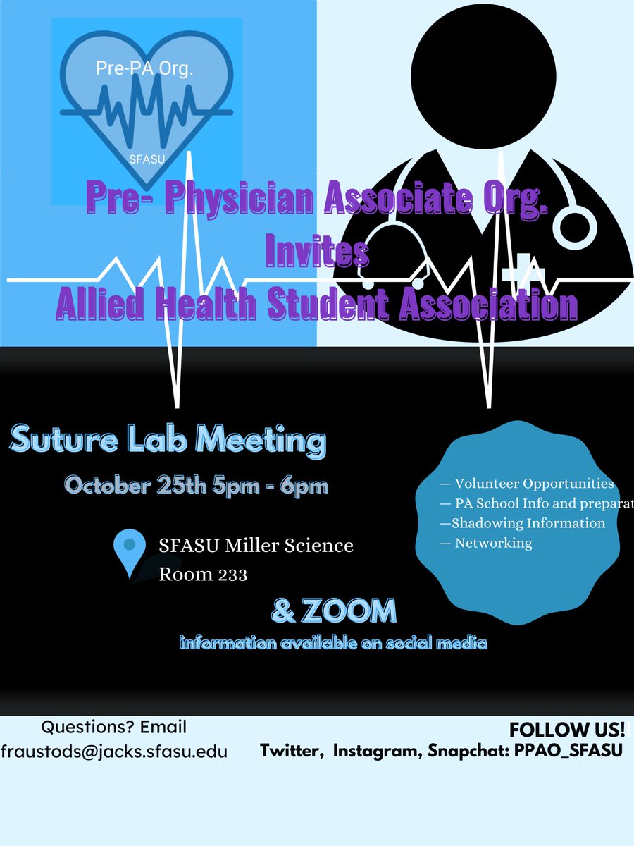 PPAO_SFASU's tweet photo. Join us TOMORROW for a Suture lab meeting at 5 pm in the Miller Science Building Room 233 face to face or via zoom! Zoom information is available in our bio (password: ppao). We have also invited Allied Health Student Association to join in on this great learning opportunity! https://t.co/0yfC7F2CiK