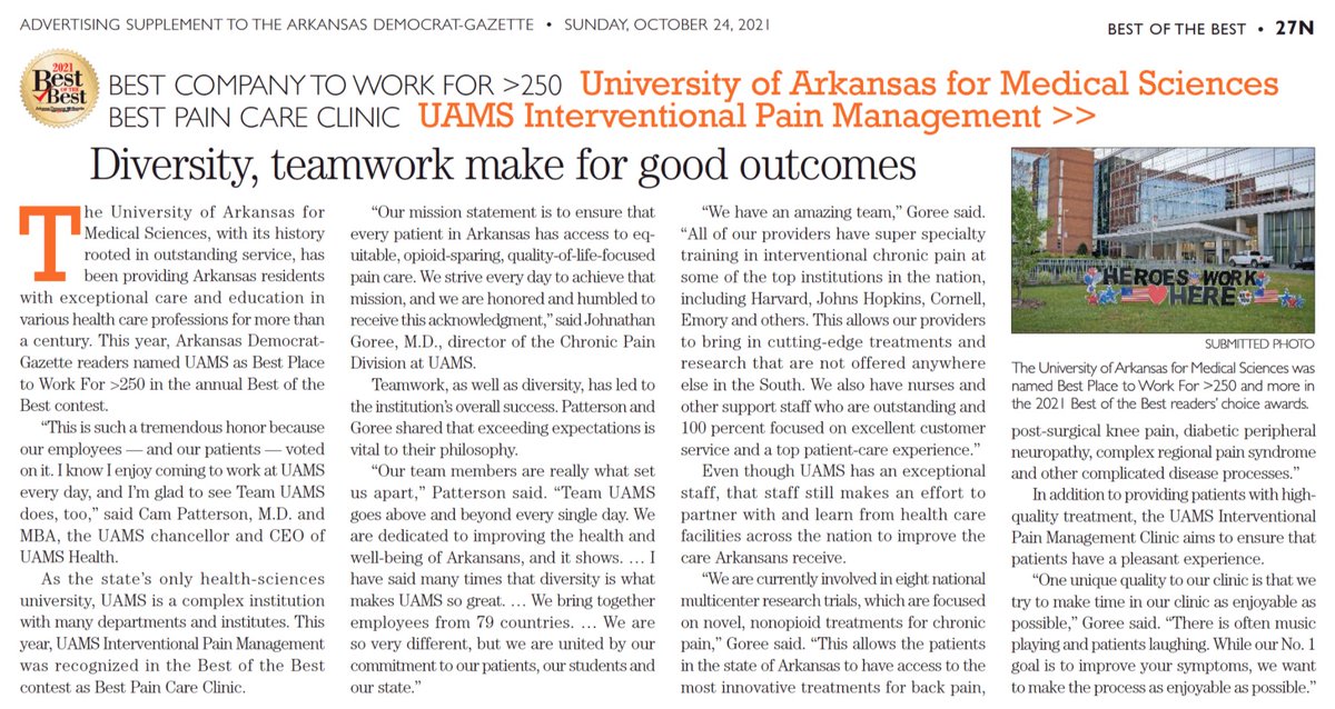 Proud to be <a href="/uamshealth/">UAMS Health</a>. 
Proud to be <a href="/UAMSPain/">UAMS Pain</a> 
Proud to work for the top company in #Arkansas. 
Proud to be changing pain care in the region with some AWESOME teammates. <a href="/GLawsonSmith1/">G. Lawson Smith, MD</a> <a href="/JarnaShahMD/">Jarna Shah, MD</a> <a href="/jjacksonMD/">Jaleesa Jackson MD</a> <a href="/LByersAPRN/">Lauren Byers</a> <a href="/ErikaPetersenMD/">Dr. Erika Petersen</a>