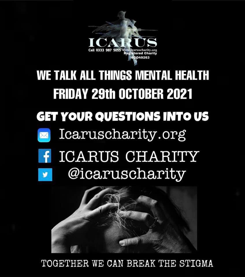 icaruscharity's tweet photo. Next Friday 29th October 2021 #TeamIcarus talks all things #mentalhealth so if you’ve got a question about what we do,the techniques we use to combat PTSD,Depression,Anxiety and Anger Issues then comment or use the links below 👇🏻 Thank You 😊 https://t.co/xVgtxPO5fg