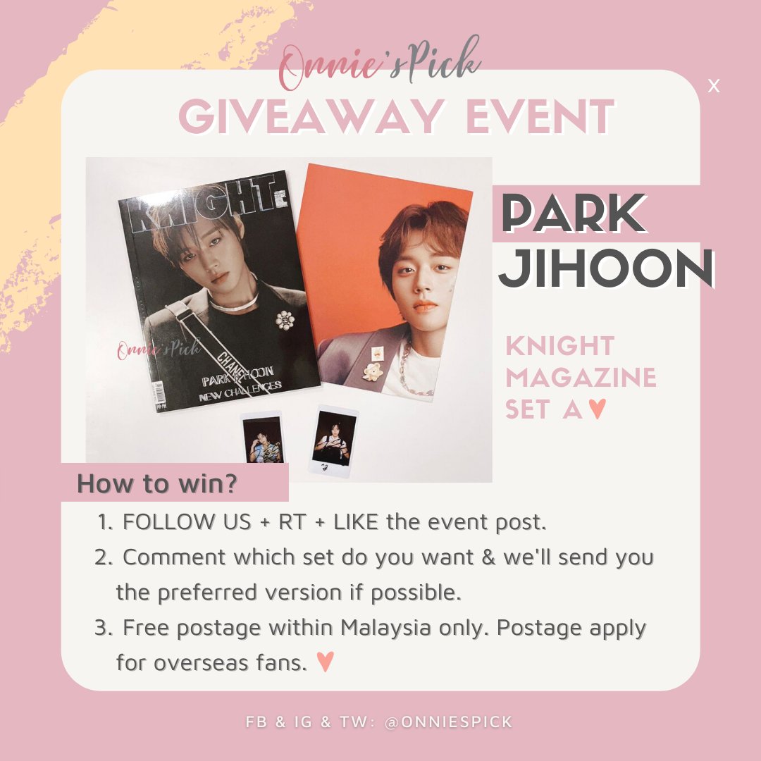 OnniesPick's tweet photo. 【Giveaway Event】
Hi! We're giving out 2 sets of #ParkJihoon's KNIGHT Magazine to Jihoon's MAYs💜
Welcome all to join😍
1⃣Comment which set do you want
2⃣Follow us, RT & like this post
Free ship within Msia. Postage apply for overseas.
#OPevent #박지훈 #메이 #KPOP #HOTnCOLD https://t.co/j5K0F1xVgI
