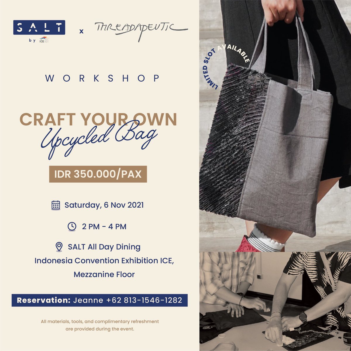 SALT by ICE x Threadapeutic Weekend Workshop! 

#workshopbsd #workshopjaksel #workshopbintaro #komunitasbsd #weekendworkshop #workshopkemang #workshopjakarta #komunitasbintaro #eventjakarta