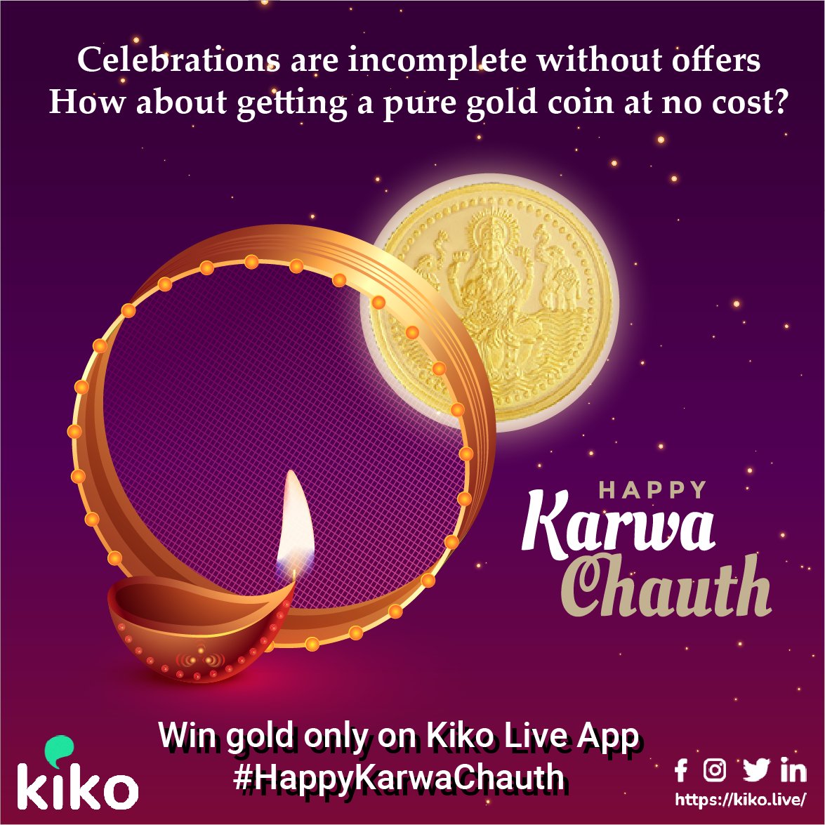 KikoLiveApp's tweet photo. #KarwaChauth celebrations🎉 are incomplete without gifts🎁  and surprises. #KikoLive app offers you a golden opportunity to win a 1gm pure #gold coin💰 . Available on rewards store redeem it for 7500 coins.
Download now:- https://t.co/Jro8H9kNrs

#करवाचौथ https://t.co/JC488E0w6V