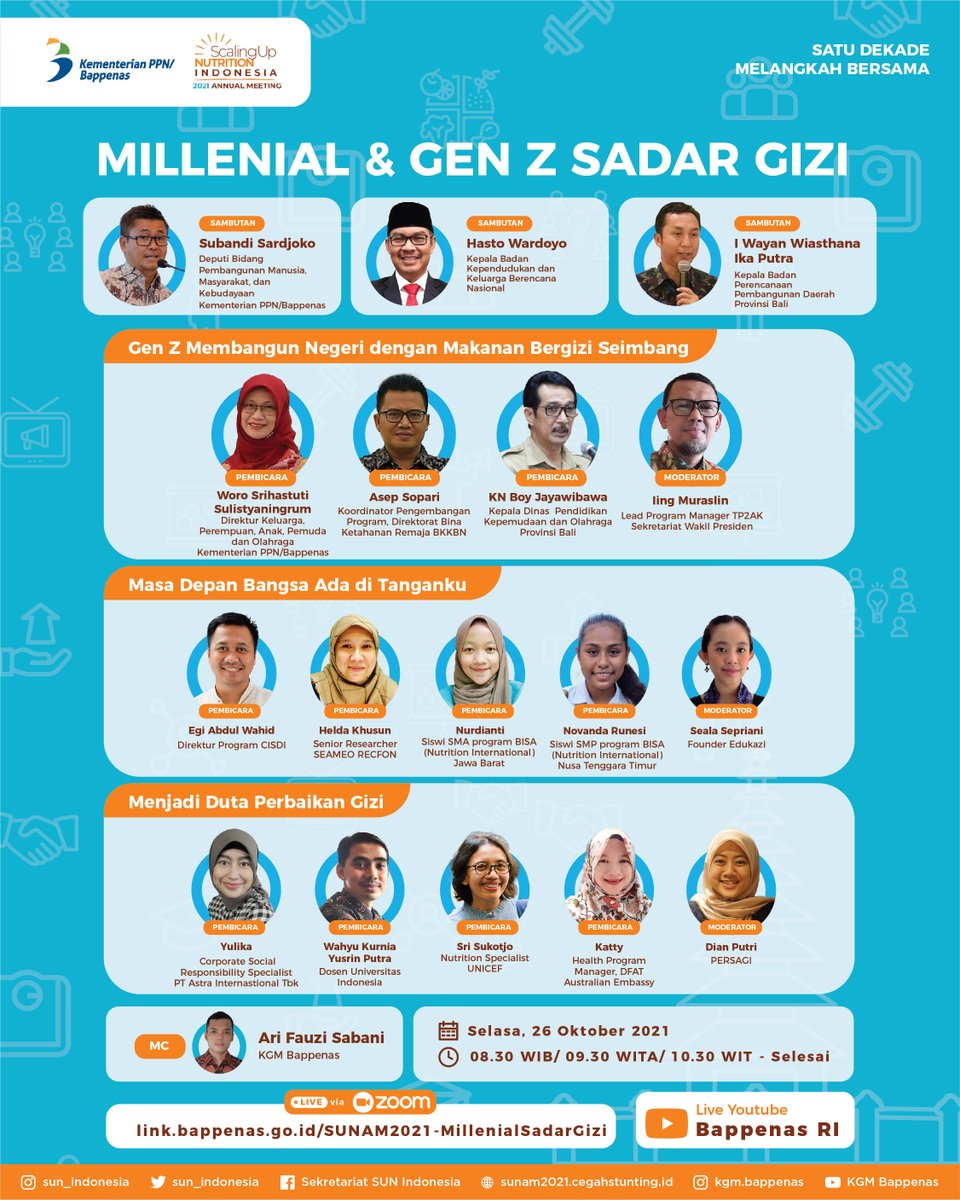 Pemuda bisa melakukan apa saja ya untuk perbaikan gizi?🤔

Menyambut Hari Sumpah Pemuda, yuk ketahui pentingnya keterlibatan anak muda dalam upaya perbaikan gizi pada webinar "Millenial dan Gen Z Sadar Gizi"

📅Selasa, 26 Oktober 2021
⏰08.30 WIB 
📌 Zoom/ Youtube Bappenas RI