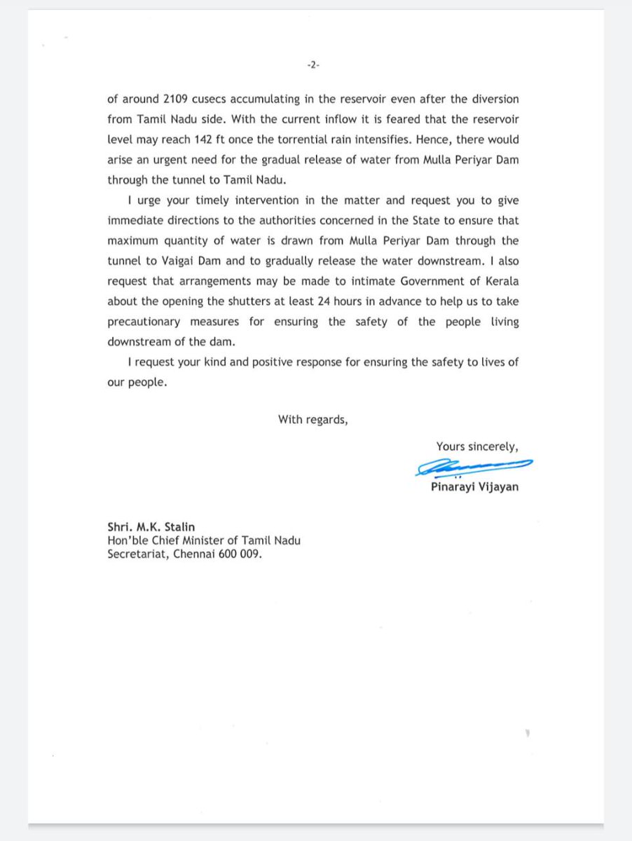 NEVIN__13's tweet photo. CM @vijayanpinarayi 's Letter To TN CM @mkstalin Addressing the Current issue of water level rising in the Dam

But we people of kerala want Immediate Decommissioning of the Dam. #SaveKerala 

#DecommissionMullaperiyarDam https://t.co/cfgjCx0K1u