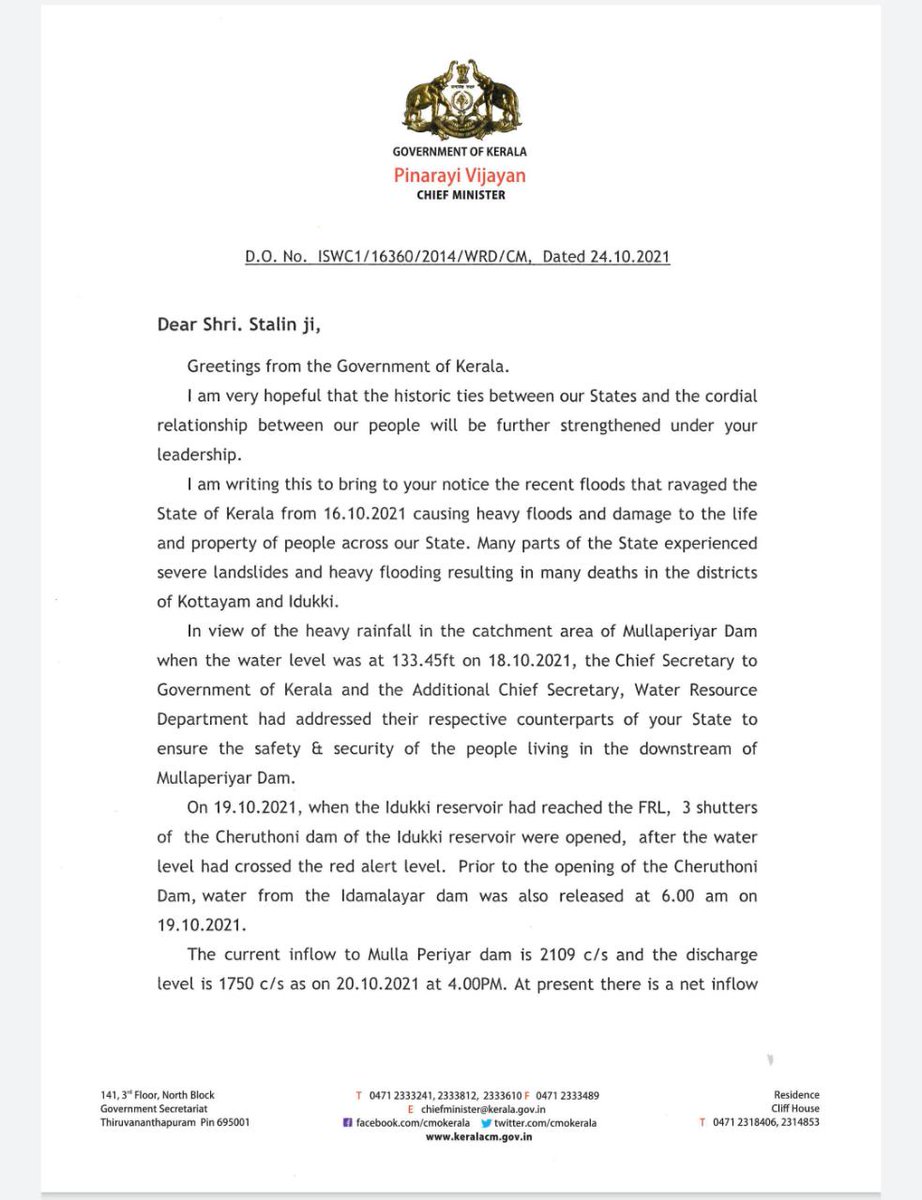 NEVIN__13's tweet photo. CM @vijayanpinarayi 's Letter To TN CM @mkstalin Addressing the Current issue of water level rising in the Dam

But we people of kerala want Immediate Decommissioning of the Dam. #SaveKerala 

#DecommissionMullaperiyarDam https://t.co/cfgjCx0K1u