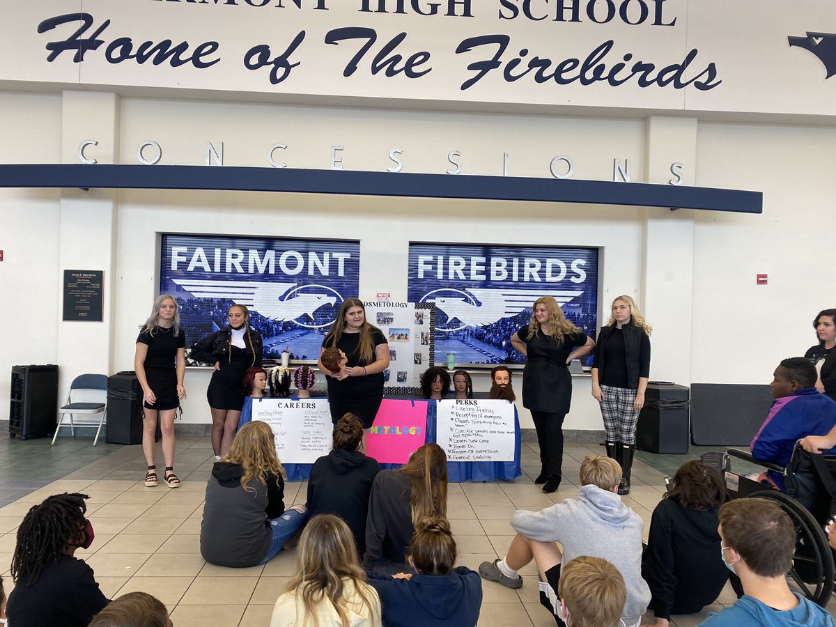 CosFairmont's tweet photo. We had a great time at the 8th grade CTC tour today! We had a lot of fun and we definitely met some future beauty birds! @FairmontCTC https://t.co/j4UEVUXgHn