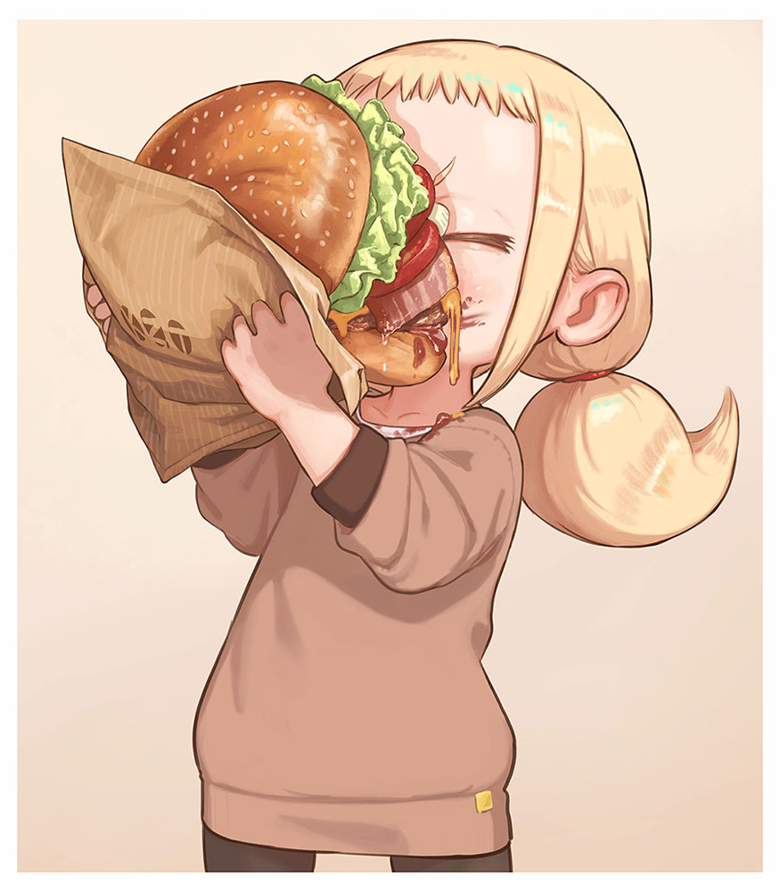 「ハンバーガーに食べられるようじょ

#今年も残りわずかなので今年一番伸びた絵を貼」|こざとのイラスト