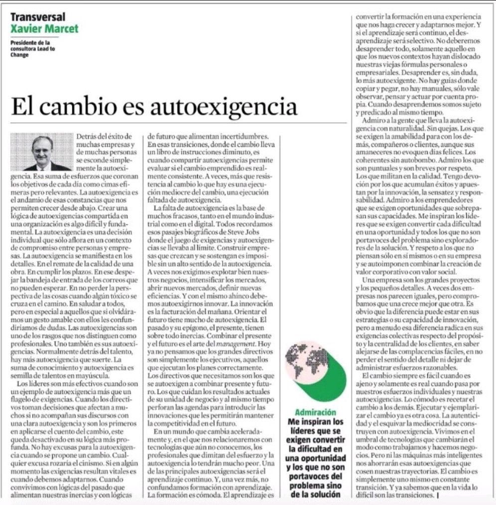 El cambio es autoexigencia , de obligada lectura,⁦<a href="/XavierMarcet/">Xavier Marcet</a>⁩ #AportarValor #EvitarLaMediocridad #GestionDelPresenteYDelFuturo #AbrazarElCambio
