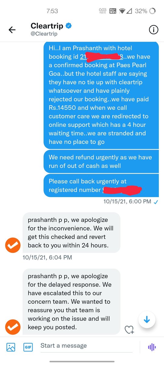 prashanth_pp's tweet photo. @Cleartrip is this how you cheat people? Take bookings for hotels you don't have any tie up with, then never bother refunding .I have been chasing your support for last one week with false promises and fake refund assurances #cleartrip #fraudcompany #thief #ScamAlert #SCAM https://t.co/zgle8xzNKz