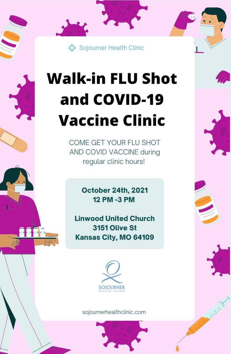 SojournerUMKC's tweet photo. We are offering walk-in flu and COVID immunizations at clinic today!! Come get yours and help us all protect our community! https://t.co/OoaEgDctuf