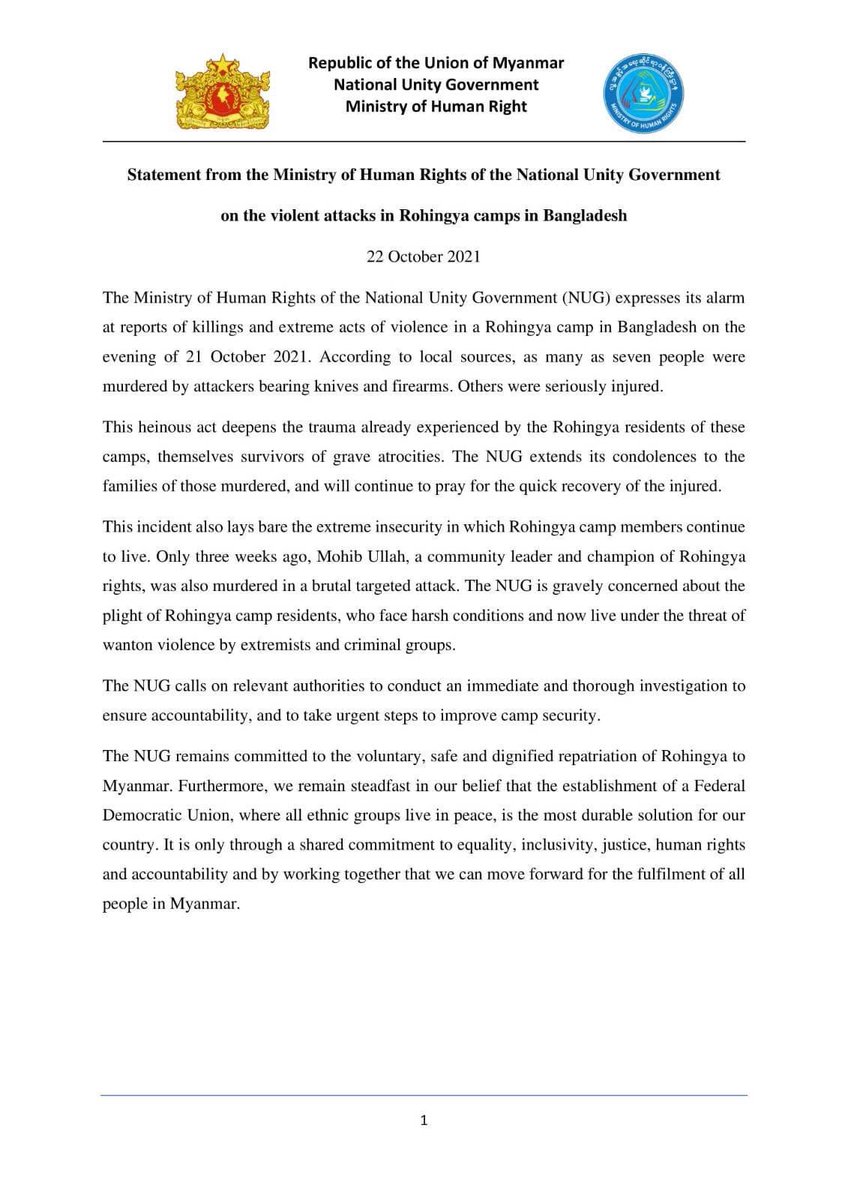 aung_myo_minn's tweet photo. Statement of the Ministry of Human Rights of the @NUGMyanmar on the violent attacks in #Rohingya camps in #Bangladesh 

#WhatsHappeningInMyanmar https://t.co/VhKw0DwC1t