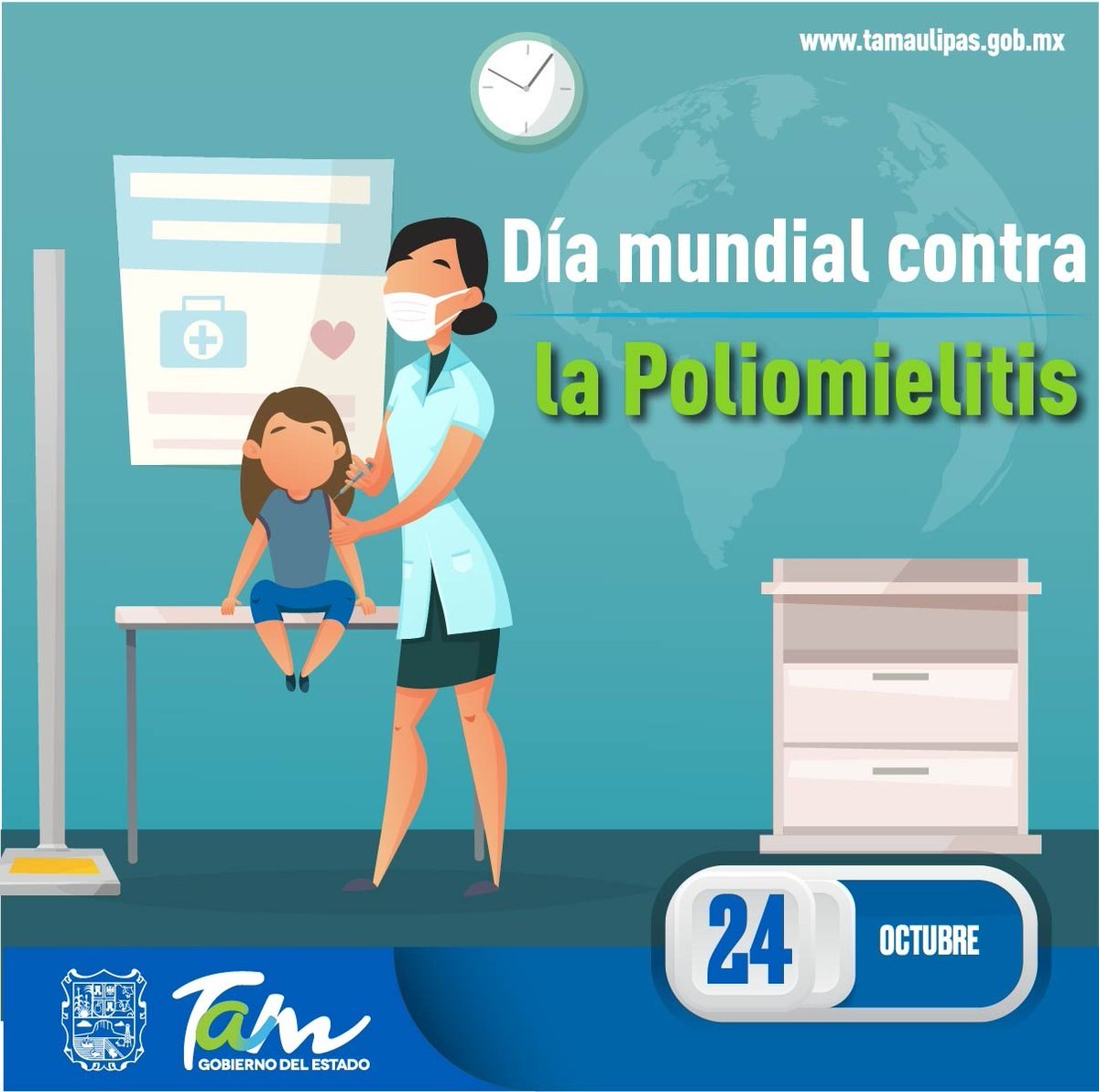 TamaulipasSalud's tweet photo. En el #DíaMundialContraLaPoliomielitis fomentemos la vacunación como la principal acción para prevenir este padecimiento que es causado por un virus que invade el sistema nervioso y puede ocasionar parálisis en unas cuantas horas. https://t.co/RXr201OmR1