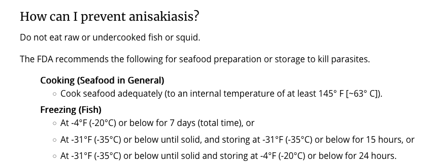 Preventing anisakiasis 👉 cook or freeze the fish (or have a close look and don't eat it if you see a tiny worm crawling around...just sayin'...).

Link: cdc.gov/parasites/anis…