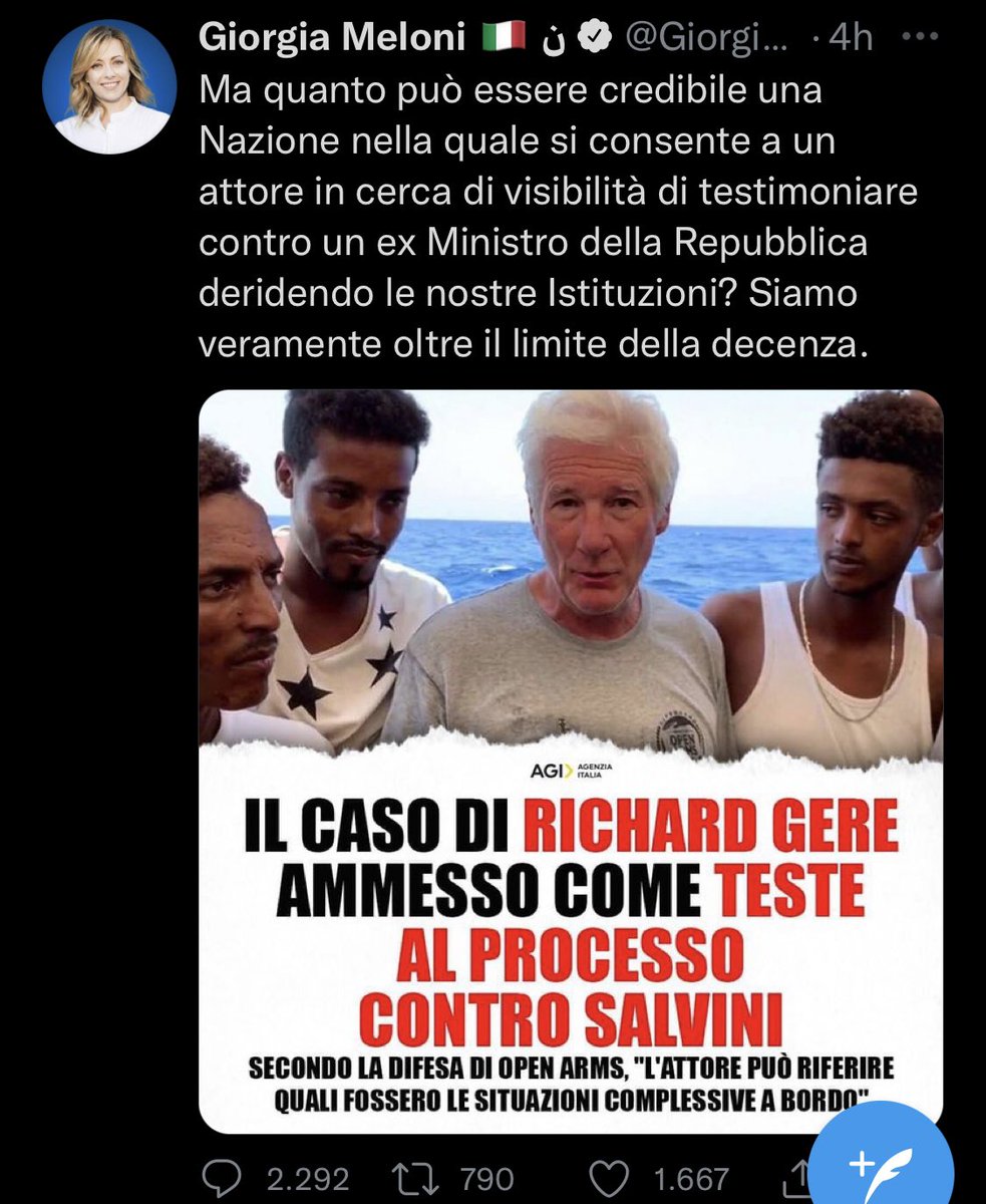 deltaplanner's tweet photo. quella dell’ #attore in cerca di visibilità - se non parlassimo di #drammi umani - sarebbe da ascrivere alle migliori gag di #ottavonano o @Zelig_Official. Pur non facendo ridere.
#meloni #Merkel #migrantes #RichardGere #OpenArms #aespa #ElClasico #Facebook #GBBO #ONEPIECE #Rust https://t.co/QTQQv5X4Fq
