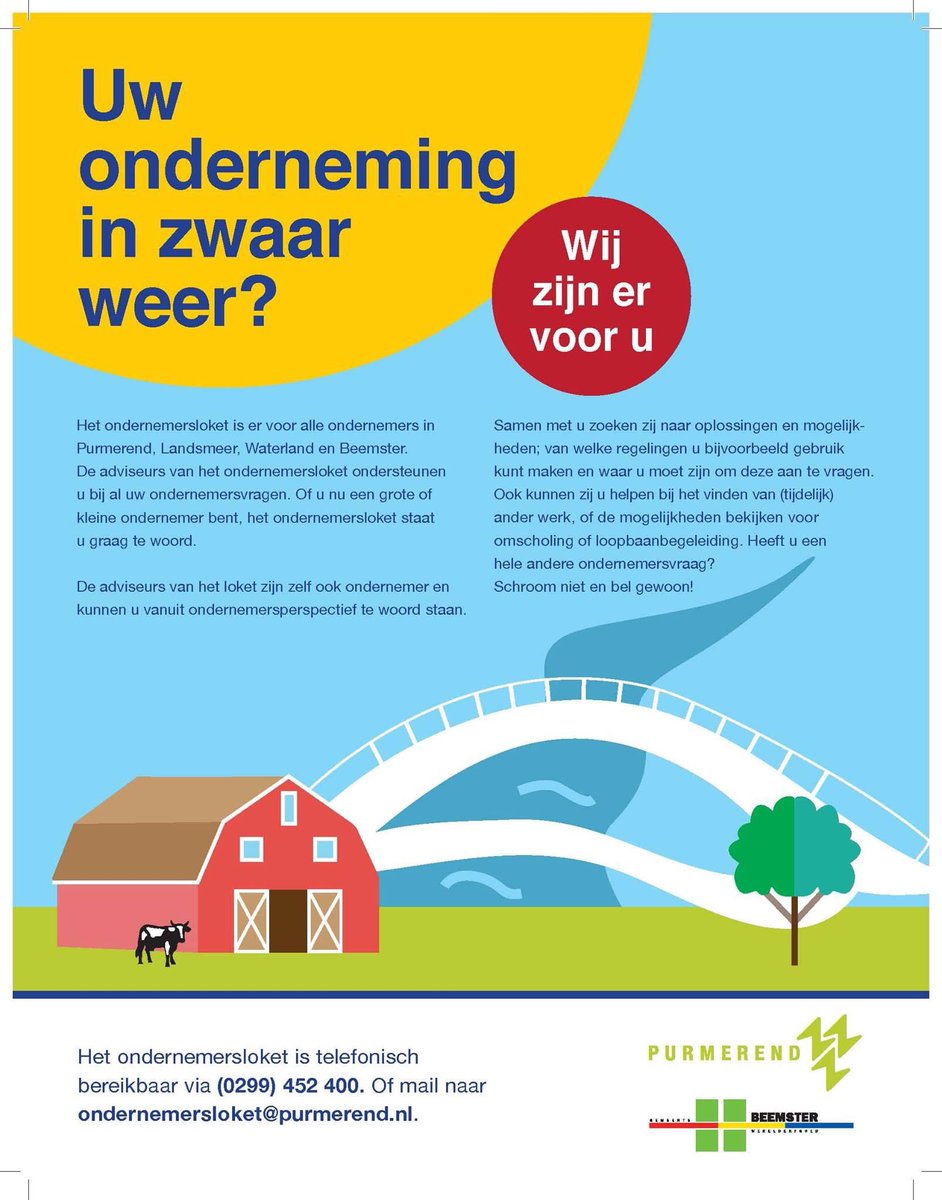 VVDBeemster's tweet photo. Het ondernemersloket is er voor alle ondernemers in Beemster.  
De adviseurs van dit loket ondersteunen u bij al uw ondernemersvragen. Of u nu een grote - of kleine ondernemer bent.

Het ondernemersloket is bereikbaar via 0299-452 400 of ondernemersloket@purmerend.nl. https://t.co/zkYhaiRwQ0