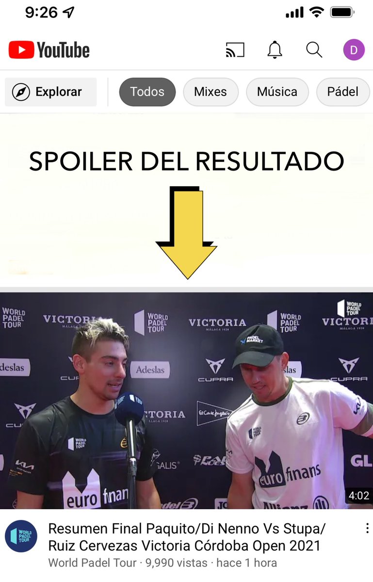 DMorenoDiaz's tweet photo. @WorldPadelTour @NachoPalen yo veo diferida la final, y van varias que al entrar al canal de WPT me encuentro con su resumen de la final con foto del ganador! Por favor con eso nos matan a los que vemos diferida la final. Pongan una foto del partido o el logo del WPT. https://t.co/EwGdqAEnxq