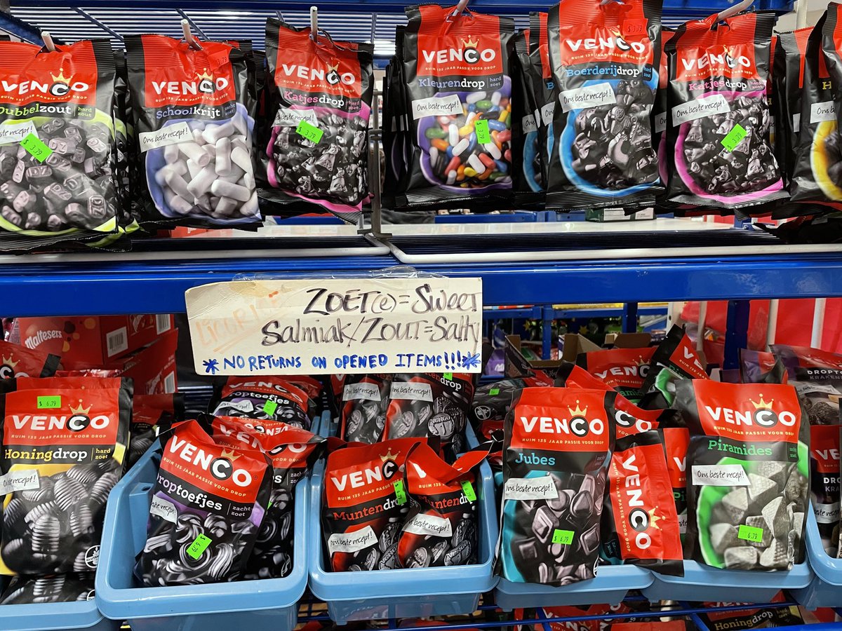 mbrowley's tweet photo. Bins of Dutch licorice at Tip Top Meats, a German butcher in Carlsbad, CA. I might have bought some to dissolve in vodka or neutral brandy, or even make ice cream. But licorice, especially salty licorice, is divisive and a hard sell at home. #dropjes https://t.co/l5cwwvZpTQ