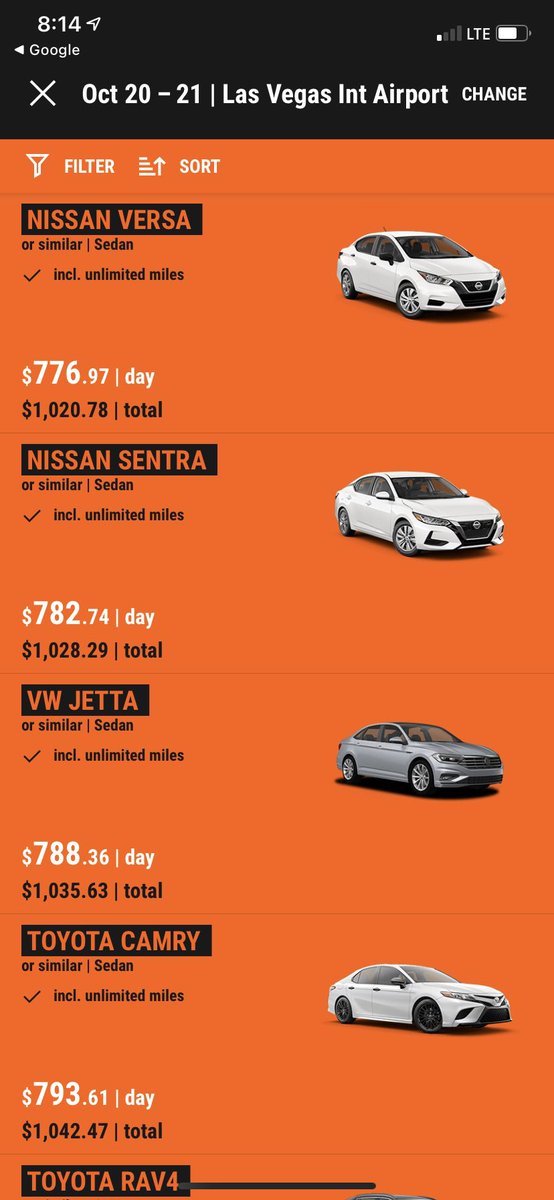 21secondsago's tweet photo. Searching for a one way rental car from Vegas to LA due to Southwests cancelled flights, I couldn’t believe @SixtRentACar prices for ONE day! C’mon…Sixt. Really? 😏🤬😏  Budget was $113.  Smh https://t.co/wjjqpUsZM1