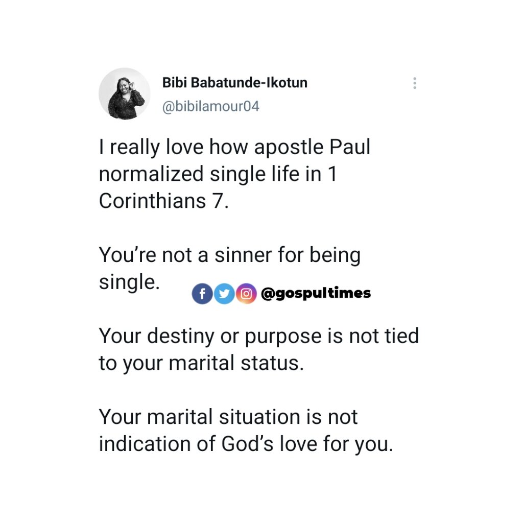 GospulTimes's tweet photo. You are not a sinner for being single - Lady shares
#gospultimes #believer #gospelgist #marriage #gospel #news #gospelupdate https://t.co/MITXLY6Eij