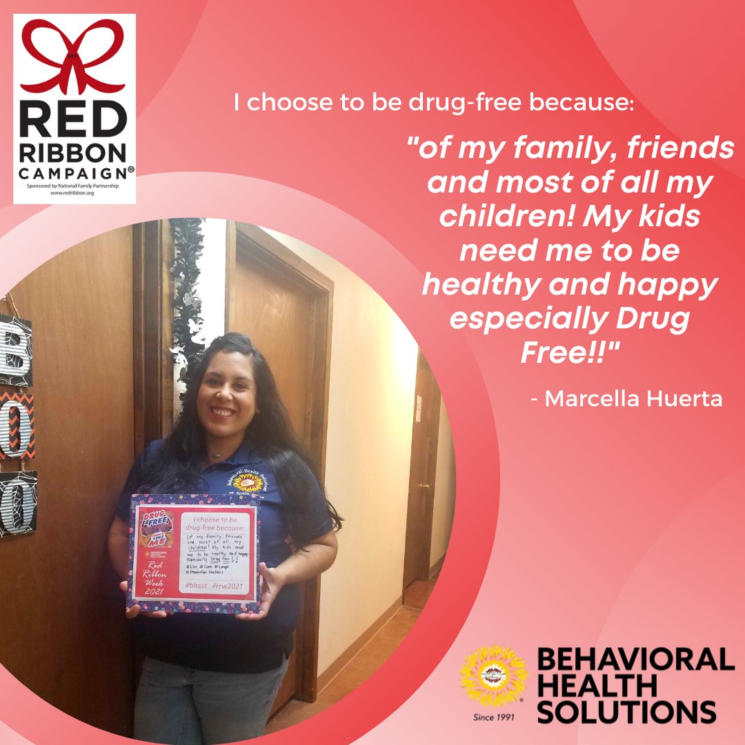 BHSST's tweet photo. For #RedRibbonWeek2021, Marcy Huerta shares why she chooses to be drug-free.
"I choose to be drug-free because of my family, friends and most of all my children! My kids need me to be healthy and happy especially Drug Free!!"
#bhsst #RRW2021 https://t.co/c3T9Iyx1VI