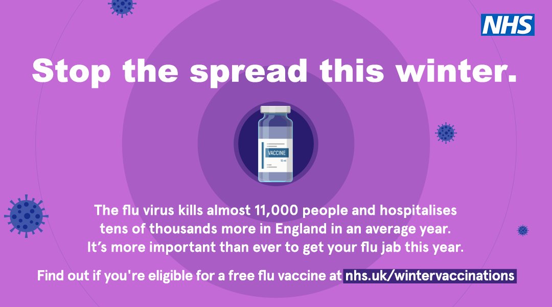 The flu virus kills almost 11,000 people and hospitalises tens of thousands more in England in an average year. It’s more important than ever to get your flu jab this year.

Find out if you’re eligible for a free flu vaccine at nhs.uk/wintervaccinat…