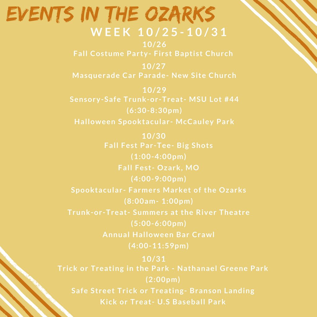 FallfortheOzark's tweet photo. Here's the events happening in the Ozarks this week! 
It's a big week because HALLOWEEN is here! 

What are your plans for Halloweekend? 👻

#Fallidays #SGFfall #FallintheOzarks #FallfortheOzarks #Fall #SGF #Springfield #Ozarks https://t.co/7GAjsN4eGT