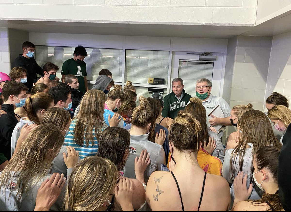 H2ounds's tweet photo. How many University Presidents do you know that would lead the pre-meet prayer at a swim meet?  @LoyolaMaryland is a special place with special people like Terry Sawyer.  #gohounds https://t.co/CpGY2V5mEA