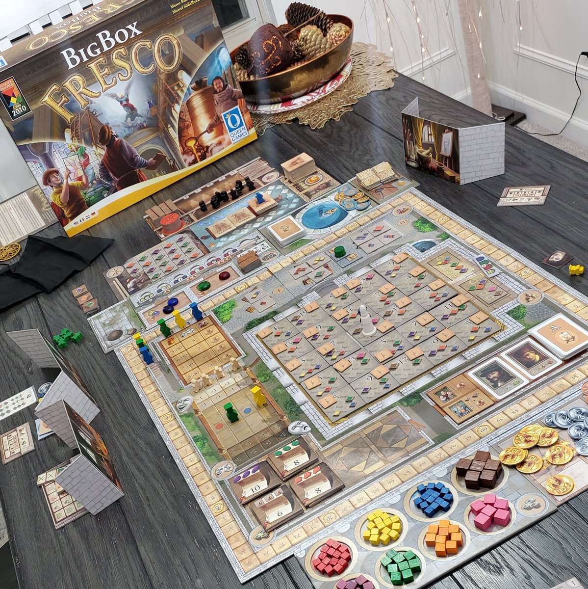 instantgamenite's tweet photo. It has been such a long time since I've had a proper gaming weekend. Getting a weekend started with Fresco + all expansions of the Big Box is just what the doctor ordered! 

And of course....I lost by 3. I'm not even mad 😁

#gametherapy #imissgaming #boardgames #frescoboardgame https://t.co/yCsPONvZFn